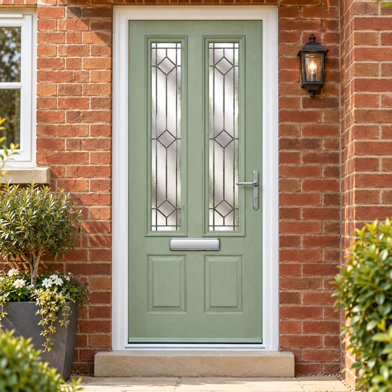 Illustration of a sage-green composite door in a brick entrance