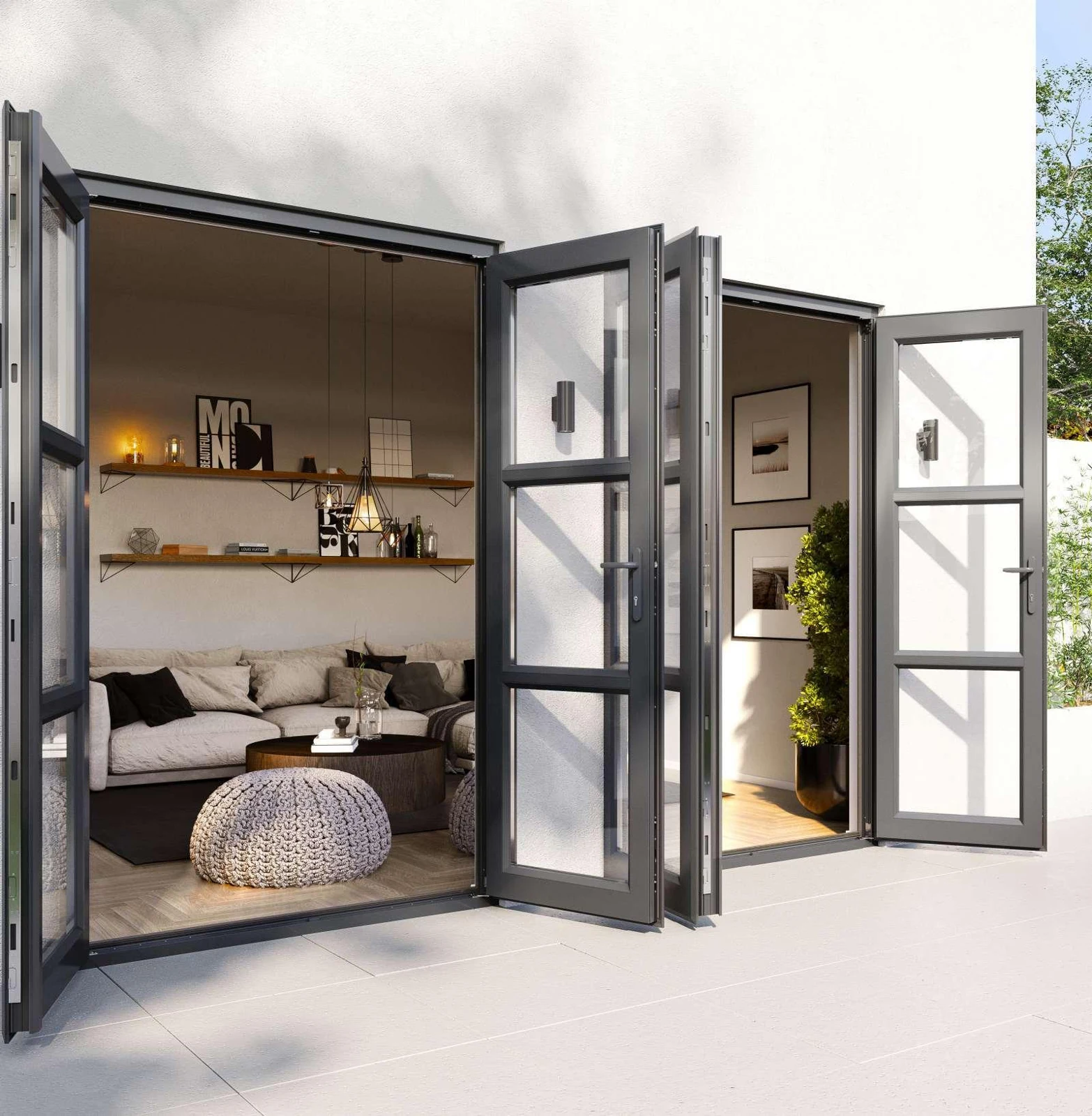 Anthracite French doors opened out onto a patio