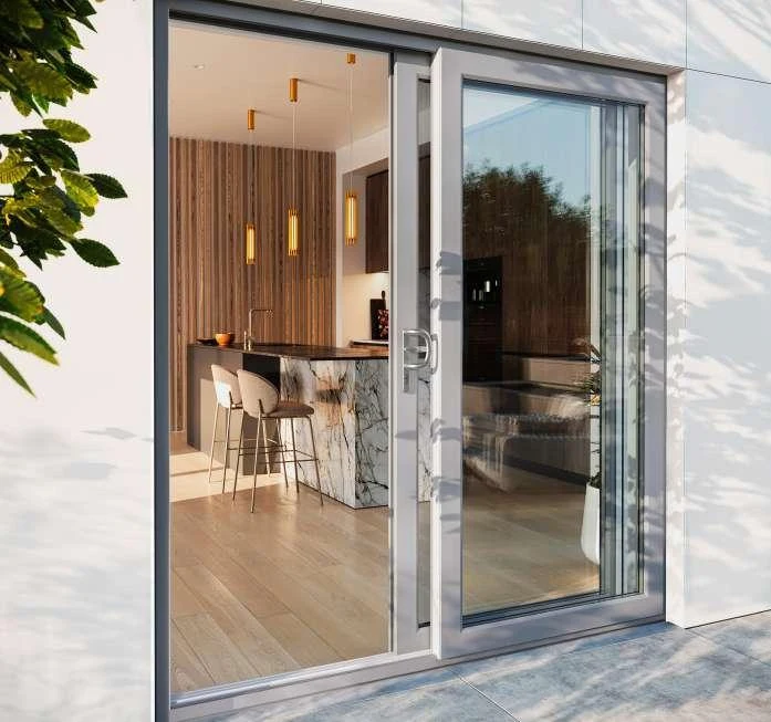 Grey-framed sliding patio doors viewed from outside