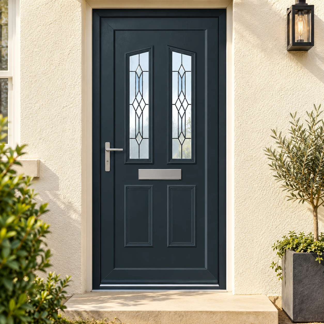 Illustration of an anthracite Windsor-style PVC-U door in a rendered entrance