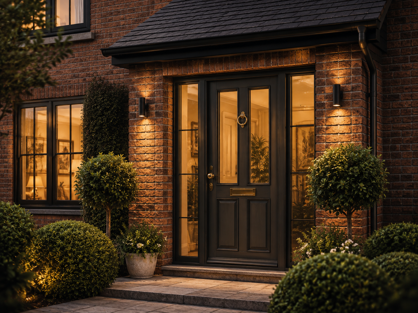 Premium entrance door on a warmly lit brick home