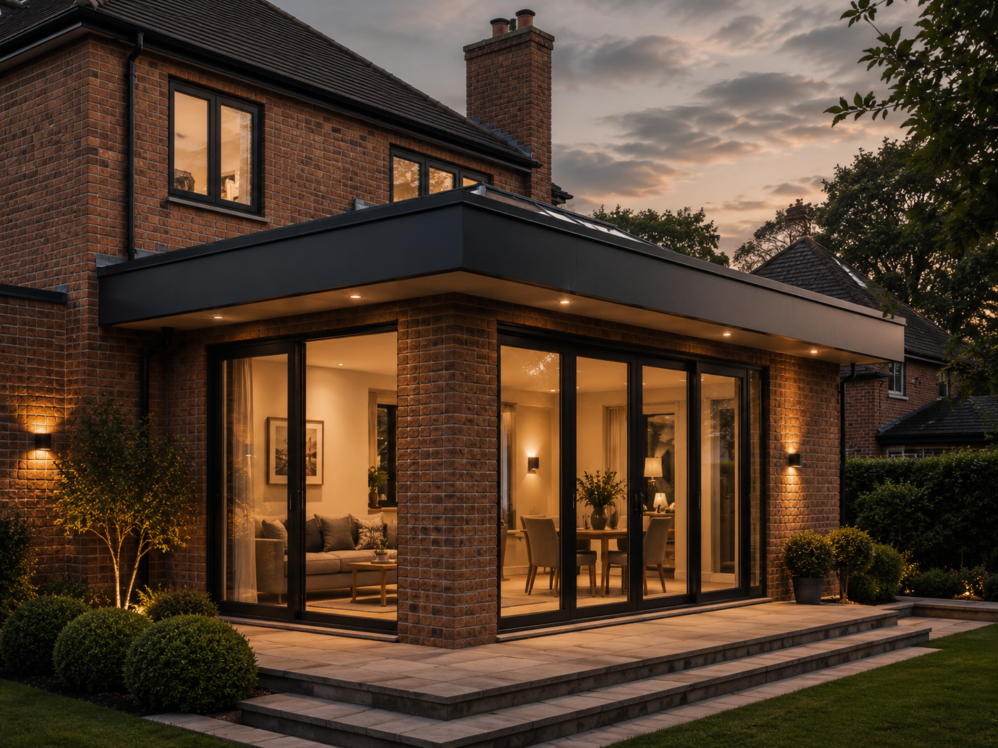 Modern flat roof extension on a brick home at dusk