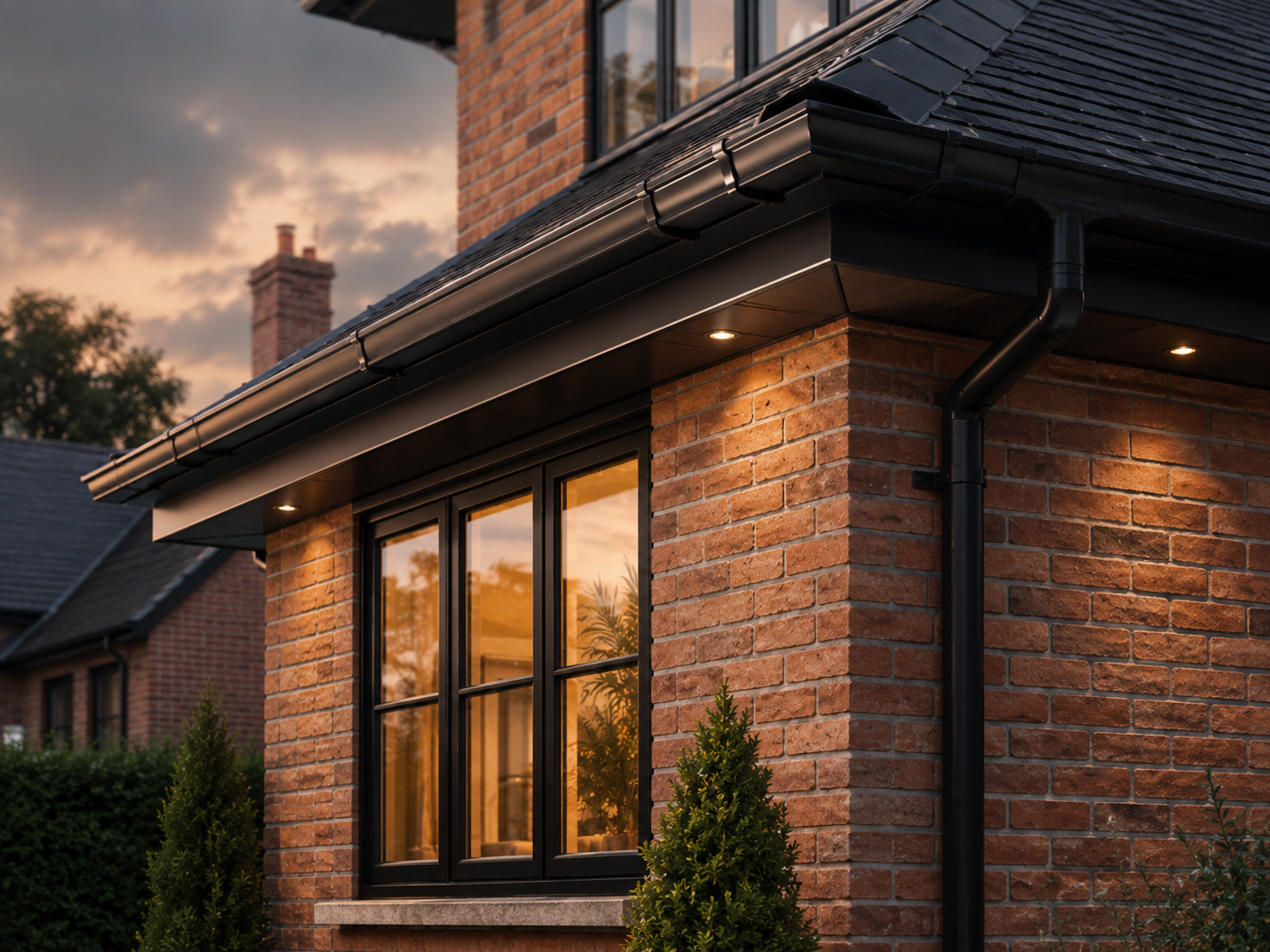 Black roofline, guttering and fascia on a brick home