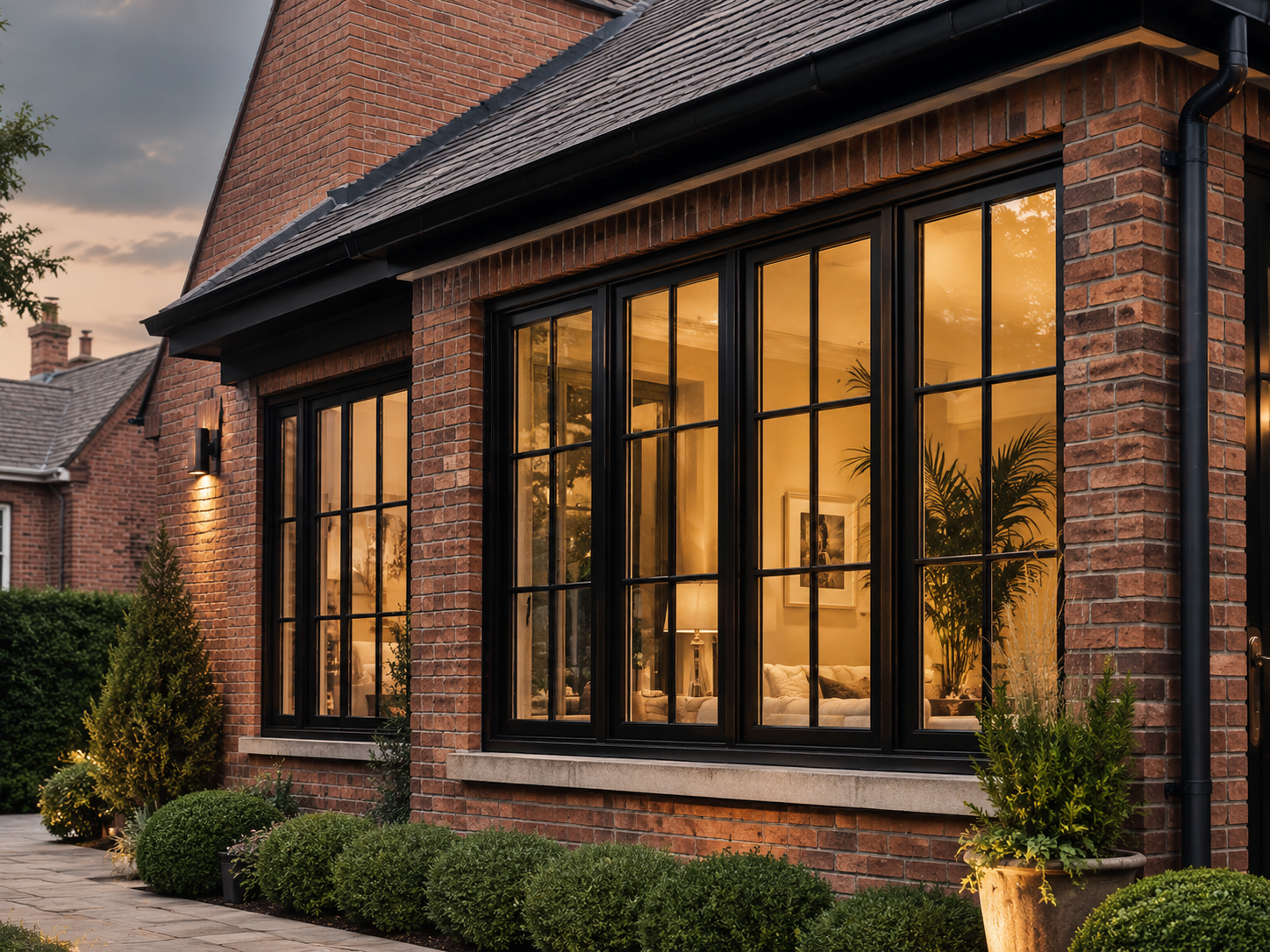 Black framed windows on a brick home at dusk