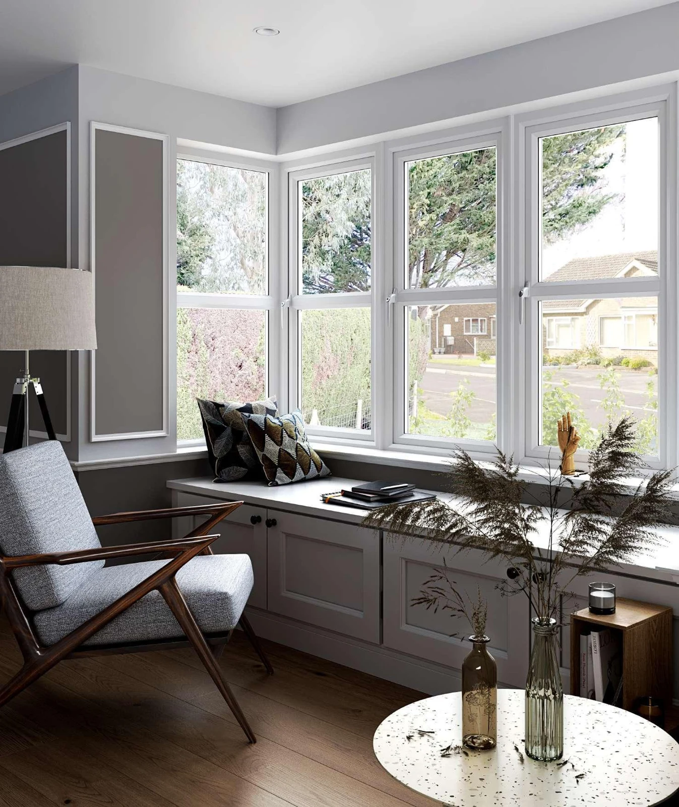 White-framed bay window viewed from a living room