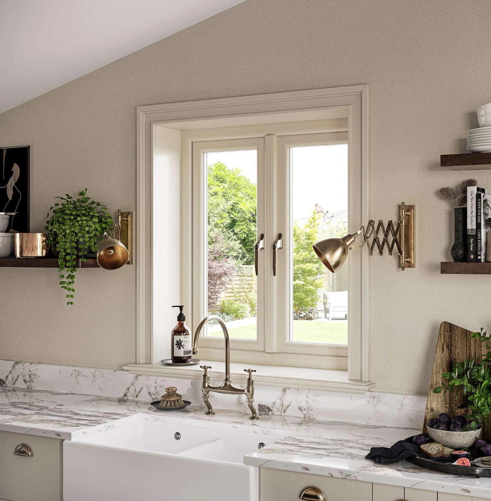 Cream French casement window above a kitchen sink